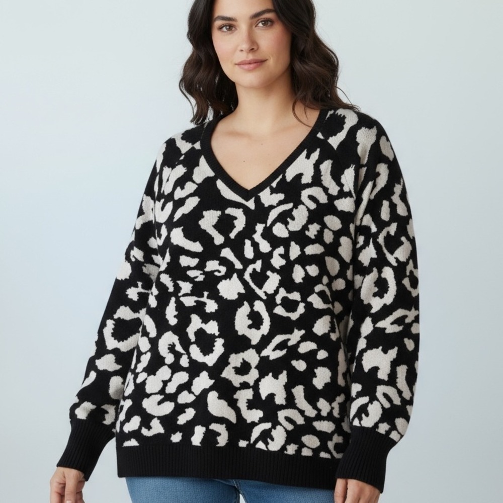 Philosophy Woman Leopard Print V Neck Sweater 2X Black White Viscose‎ Blend